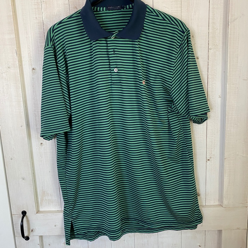 Southern Marsh Mens Large Striped Performance Polo Shirt Green Navy Blue Golf
